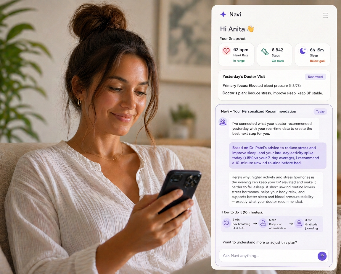 A woman at home reviewing her personal health picture in the WellBeings app
